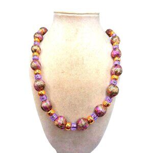 Vintage Ribbon Wrapped Beaded Necklace, Purple, Gold - Adjustable